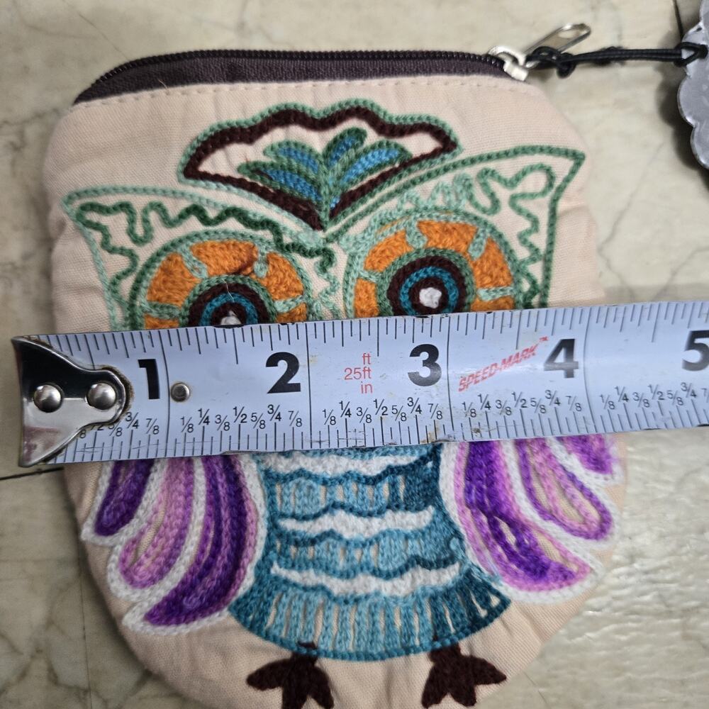 Pier One Small Coind Purse Embroidered Owl Zip - Picture 5 of 5